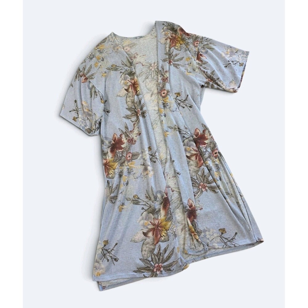 Charlotte Russe Floral Open Front Duster Cardigan Size L Blue Short Sleeve Boho